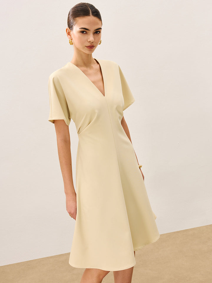 V Yaka Kısa Kollu Midi Elbise