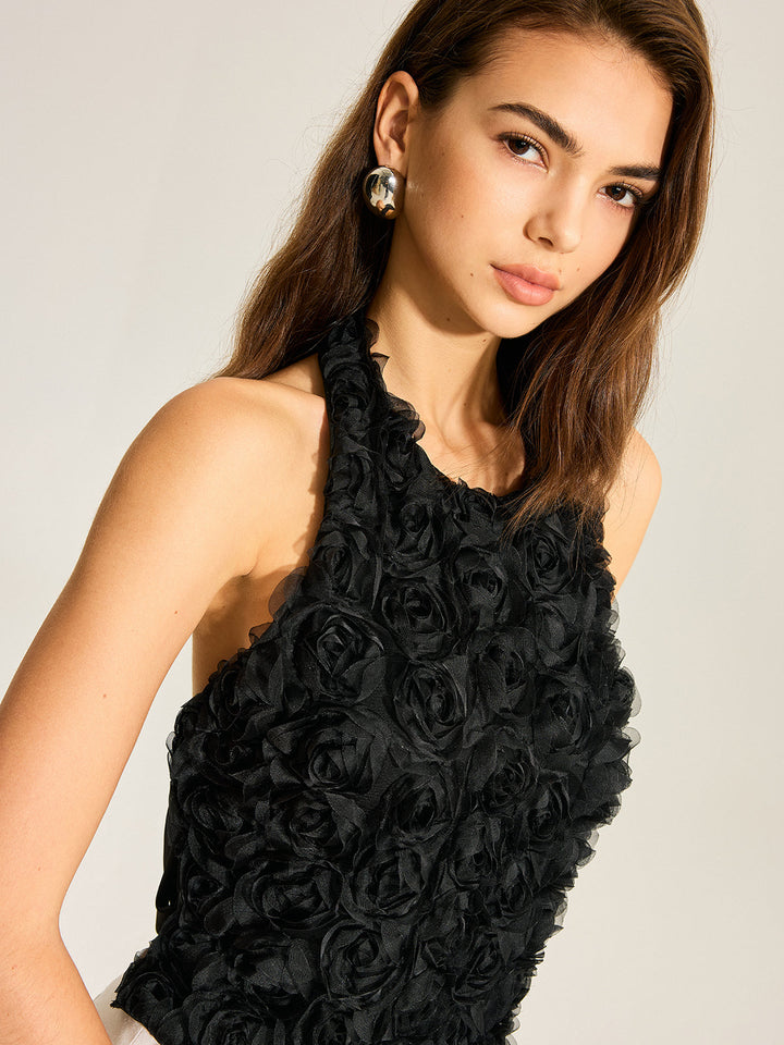 3D Çiçekli Sırtı Açık Fiyonk Askılı Üst