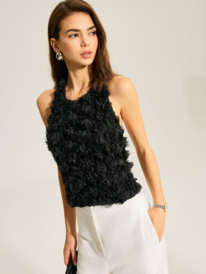 3D Çiçekli Sırtı Açık Fiyonk Askılı Üst