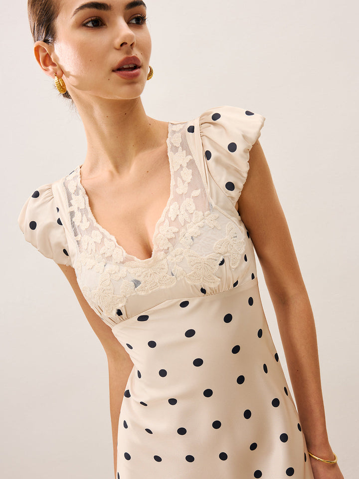 Dantel Kenarlı Polka Noktalı Elbise Görünmez Fermuarlı