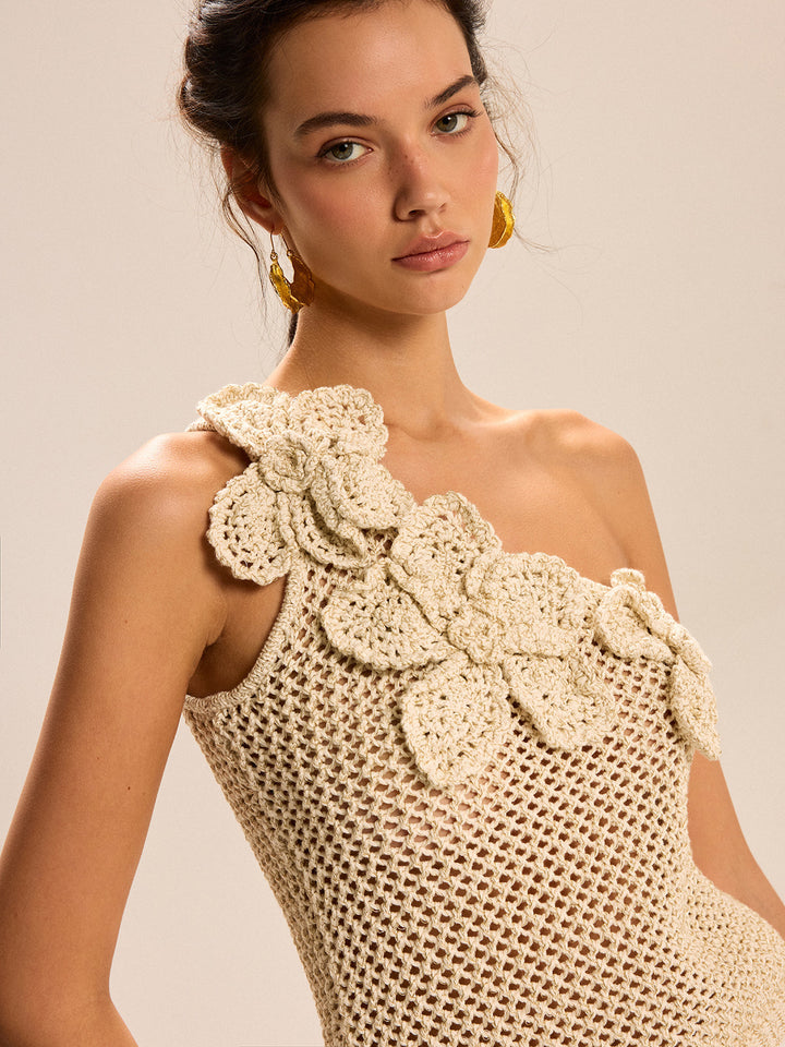 Tek Omuzlu Çiçekli Tığ Örgü Üst