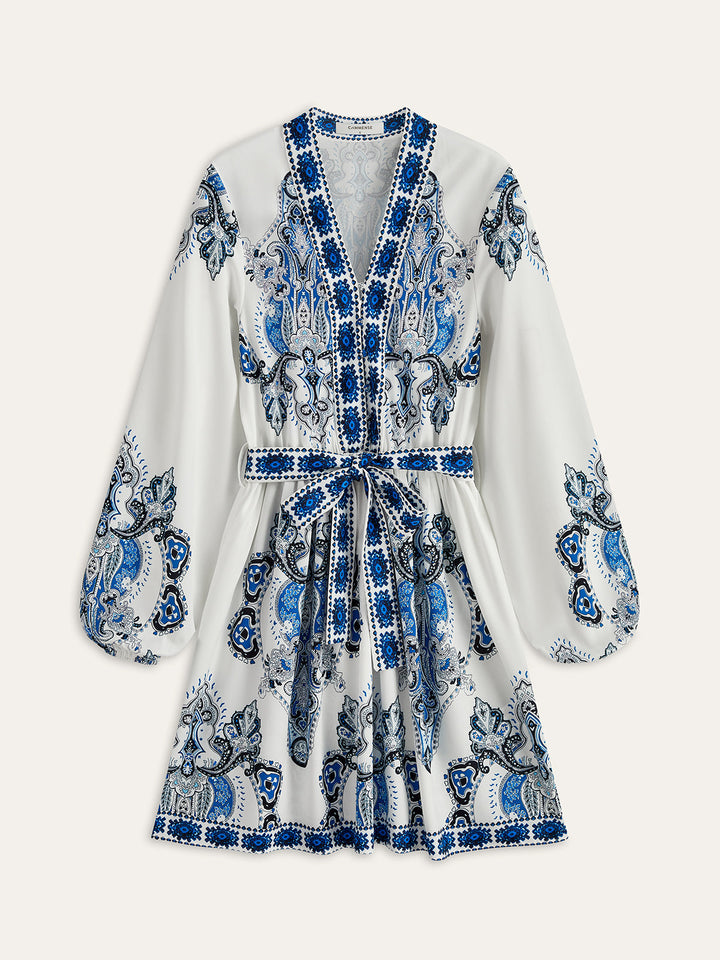 Çiçek Desenli Düğmeli Kemerli Elbise