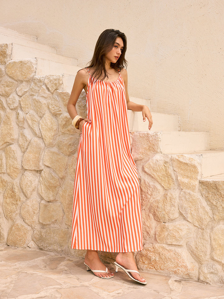 Çizgili Sırtı Açık Uzun Elbise