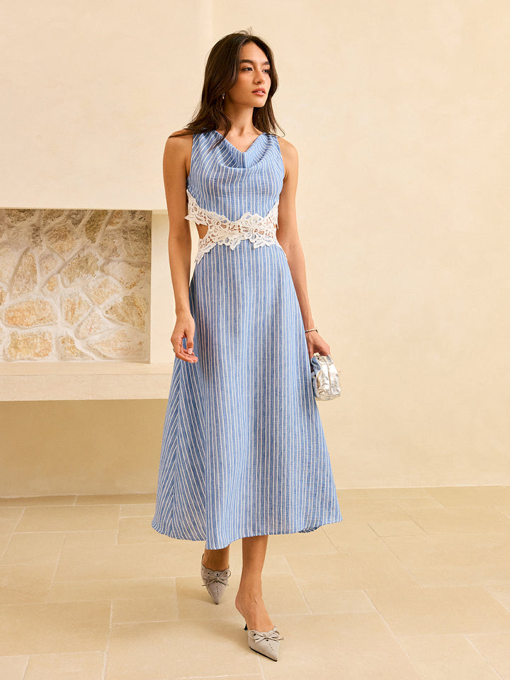 Dantel Detaylı Çizgili Açık Sırtlı Elbise