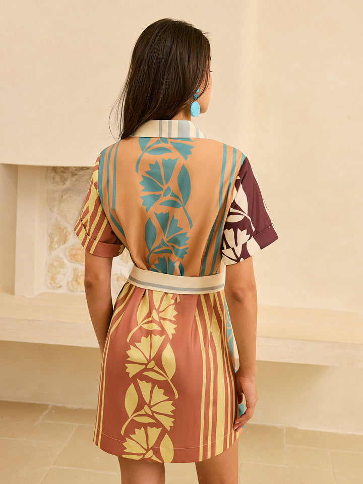 Soyut Baskılı Kemerli Çizgili Elbise