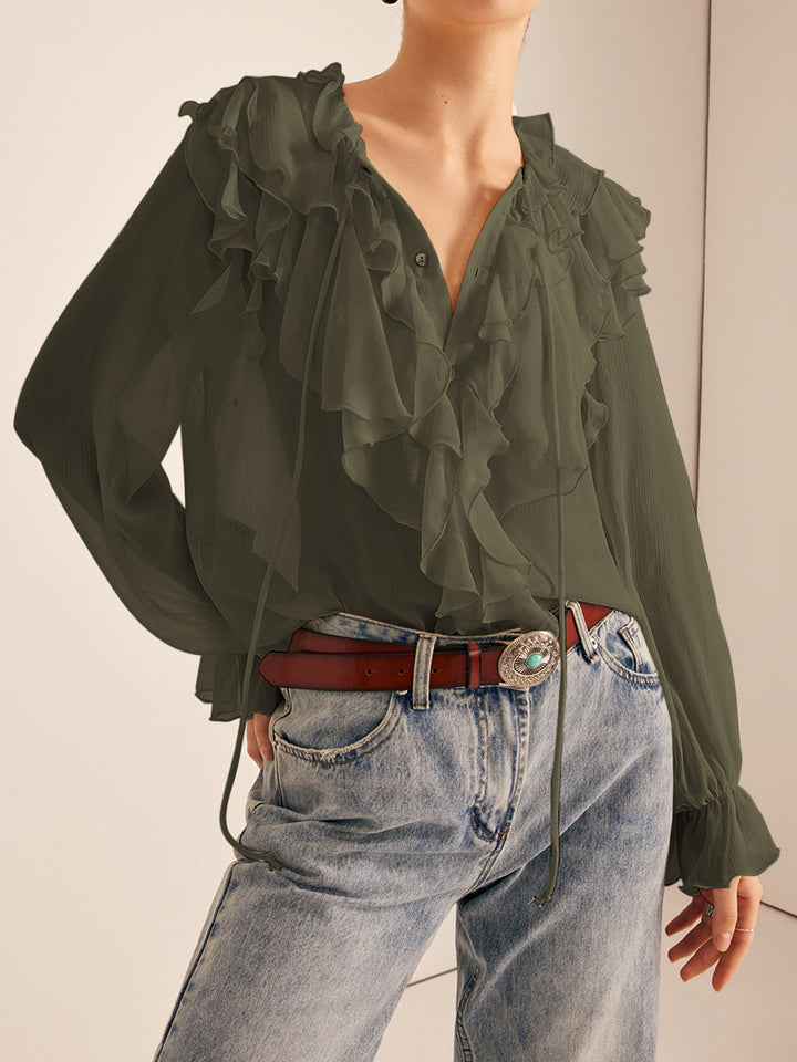 Yarı Şeffaf Volanlı Şifon Göğüslü Bluz