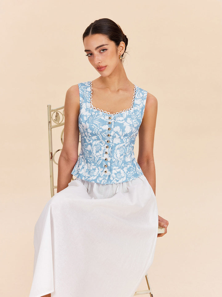 Çiçek Desenli Önü Düğmeli Üst