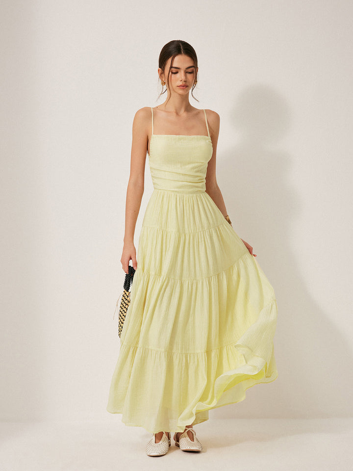 Pliseli Sırtı Açık Katlı Askılı Elbise