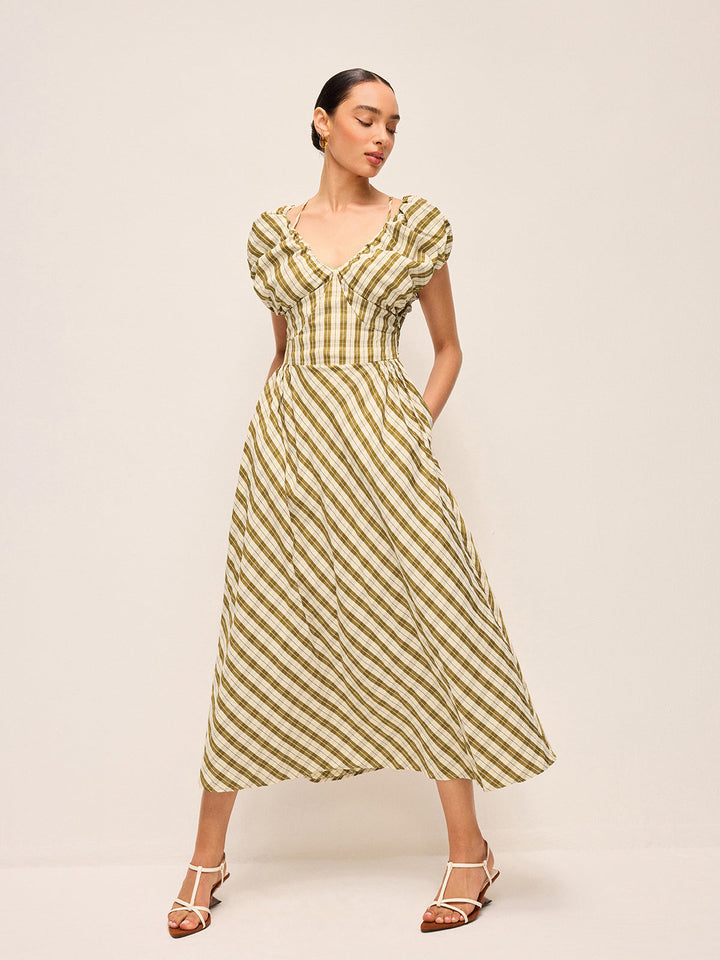 Sevgilim Yaka Puf Kollu Ekose Elbise Kemersiz