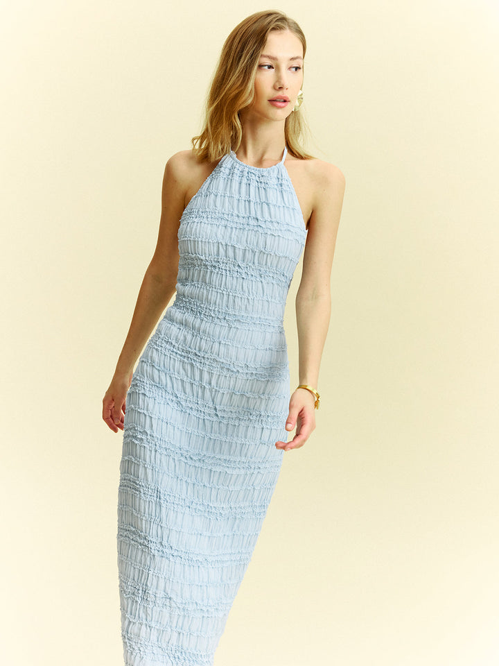 Dokulu Fırfırlı Şifon Askılı Uzun Elbise