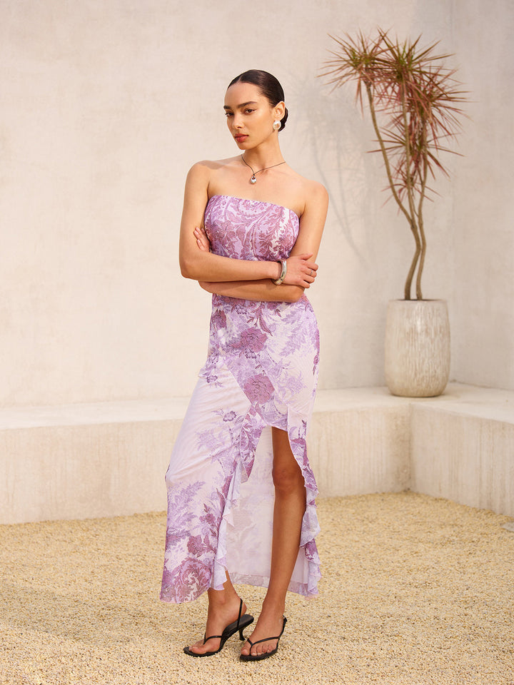 Straplez Çiçek Desenli Bölünmüş Elbise