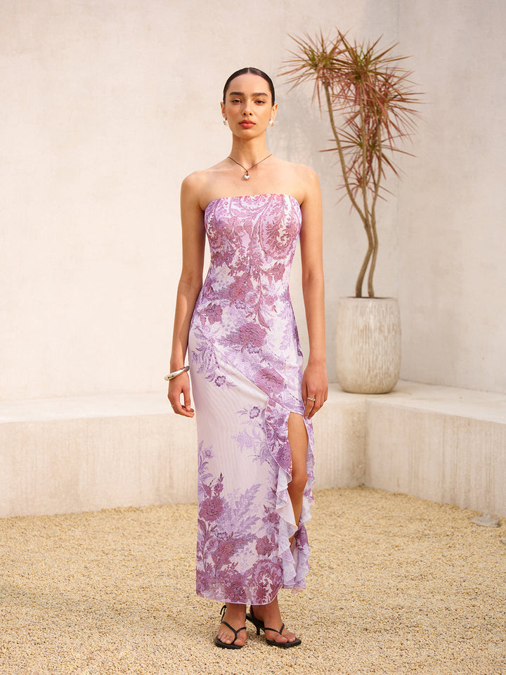 Straplez Çiçek Desenli Bölünmüş Elbise