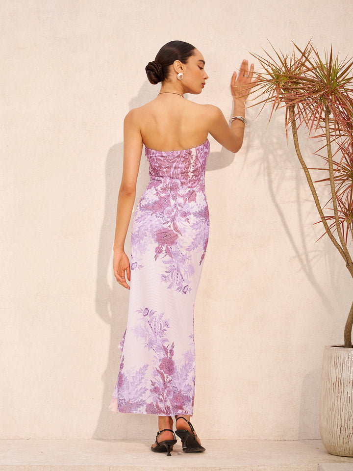 Straplez Çiçek Desenli Bölünmüş Elbise