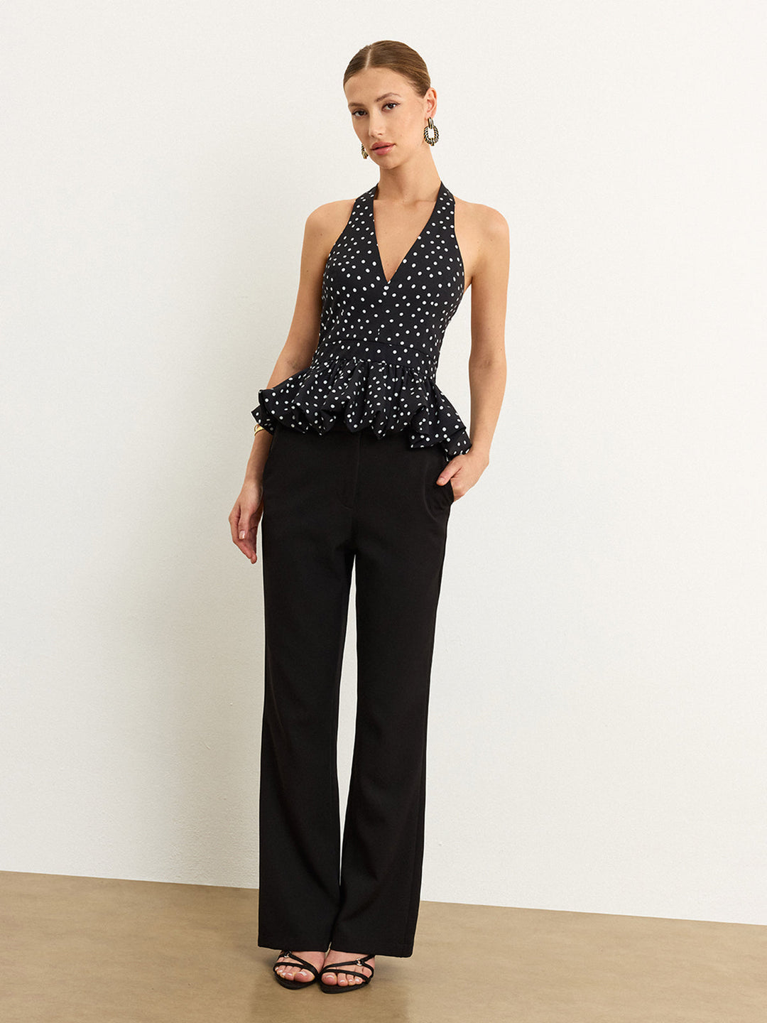 Polka Dot Halter Peplum Üst