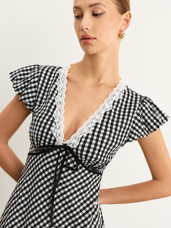 Gingham Dantel Kenarlı Uçuşan Kollu Midi Elbise