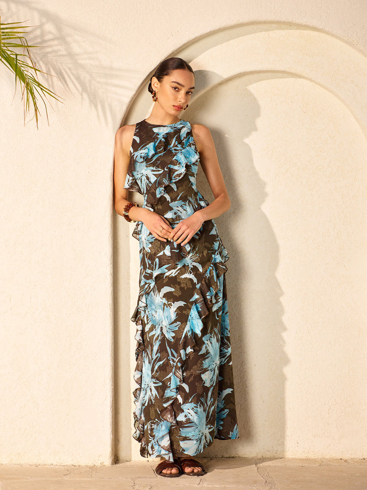 Şifon Çiçek Desenli Kolsuz Fırfır Detaylı Elbise