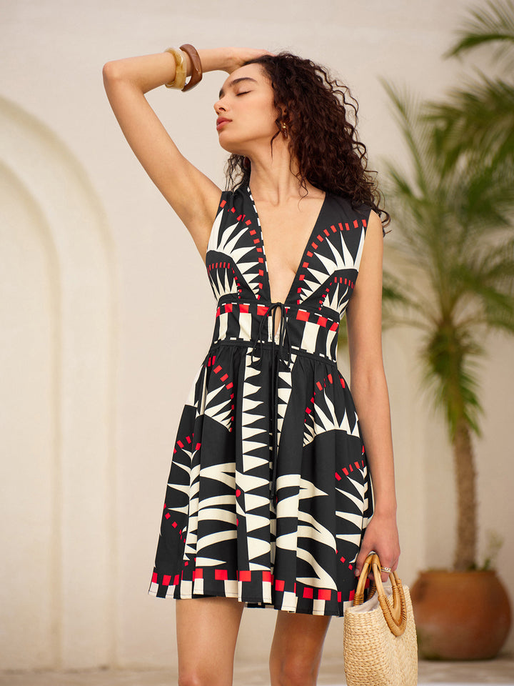 Geometrik Grafik V Yaka Bağcıklı Bel Fermuarlı Kolsuz Elbise