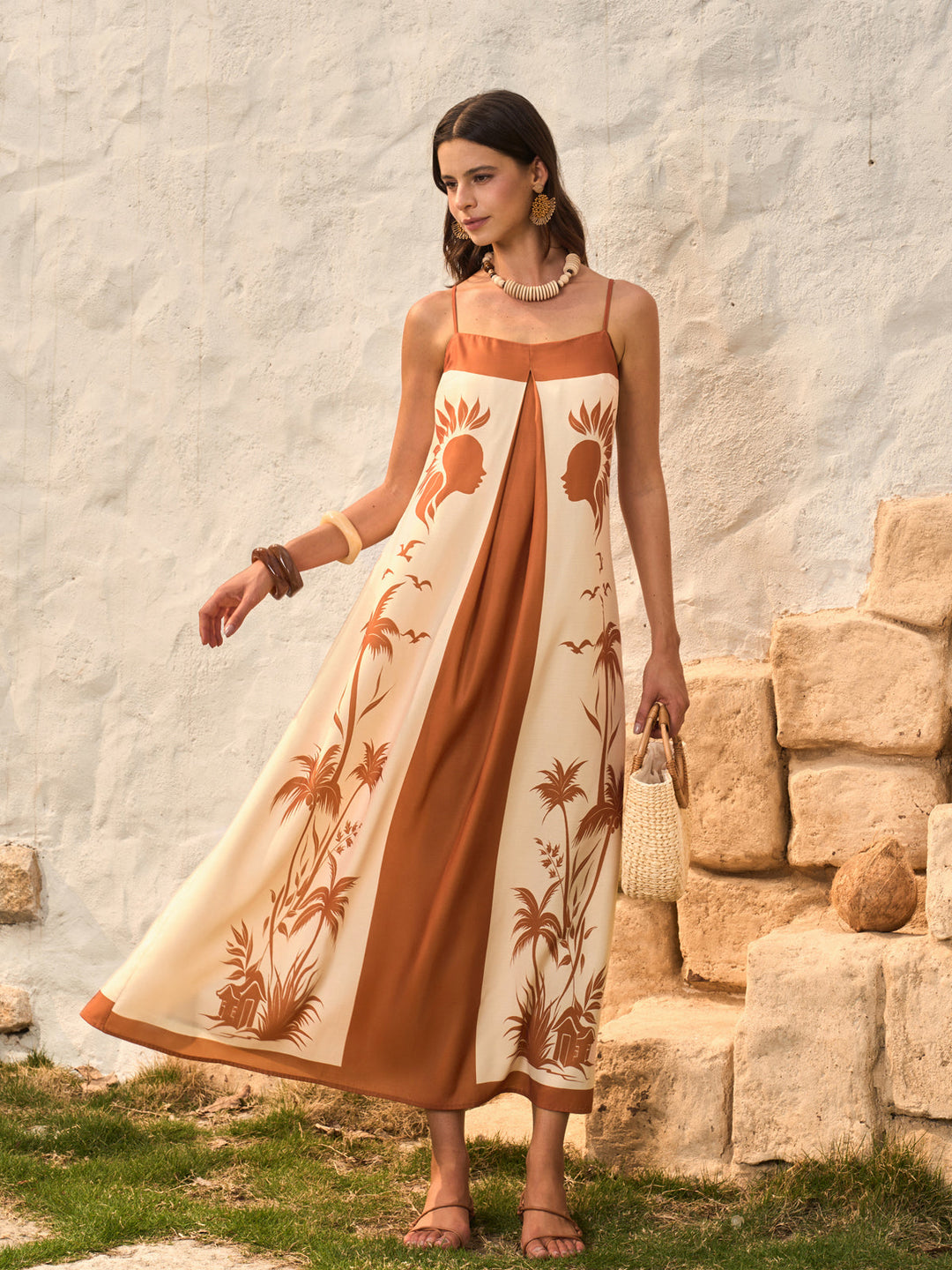 Kontrast Panel Boho Desenli Askılı Elbise