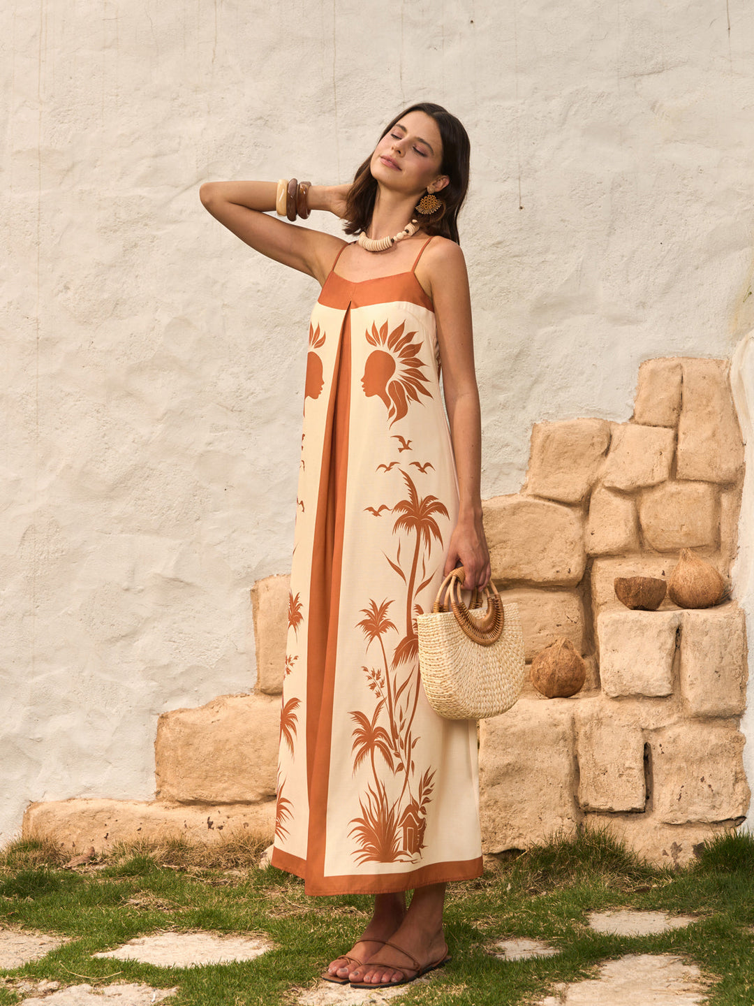 Kontrast Panel Boho Desenli Askılı Elbise