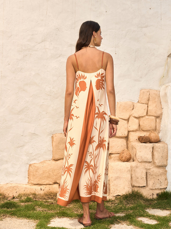 Kontrast Panel Boho Desenli Askılı Elbise