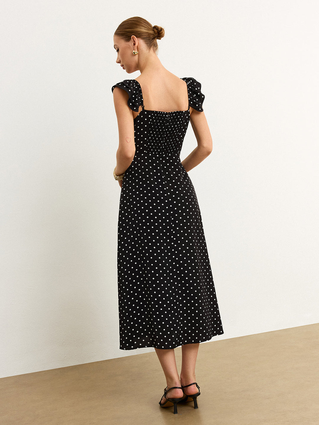 Polka Dot Dantel Kenarlı Midi Elbise