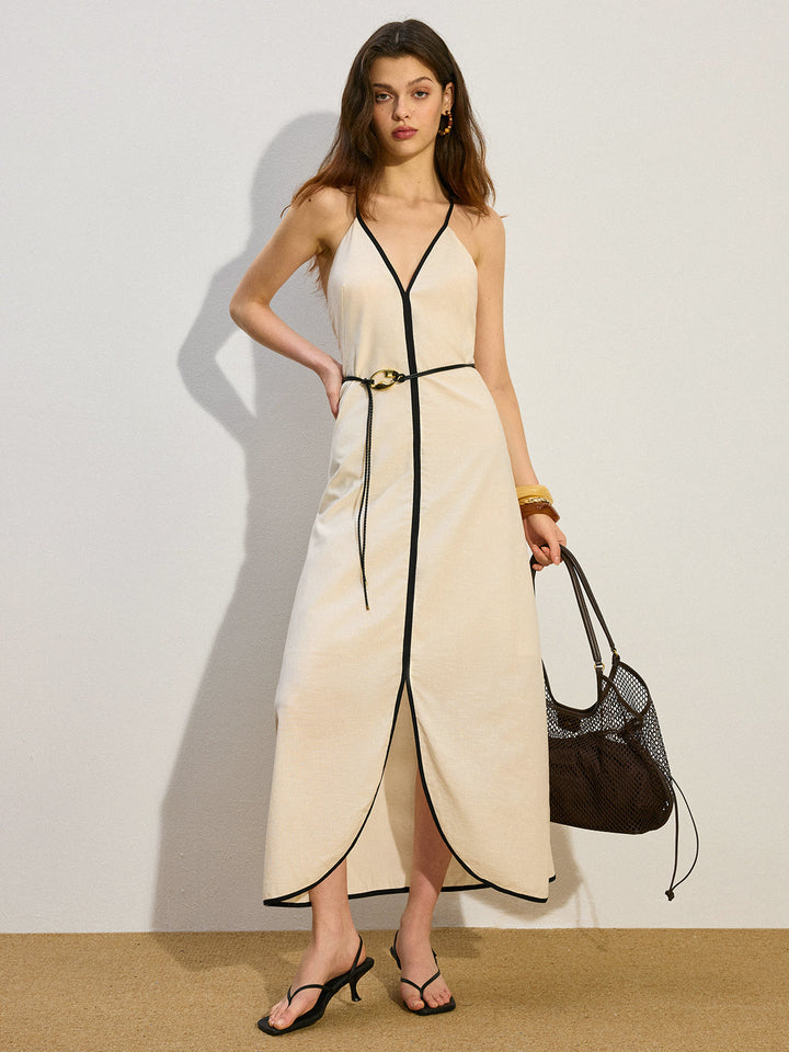 Bağcıklı Kemer Keten Ve Pamuklu Uzun Elbise