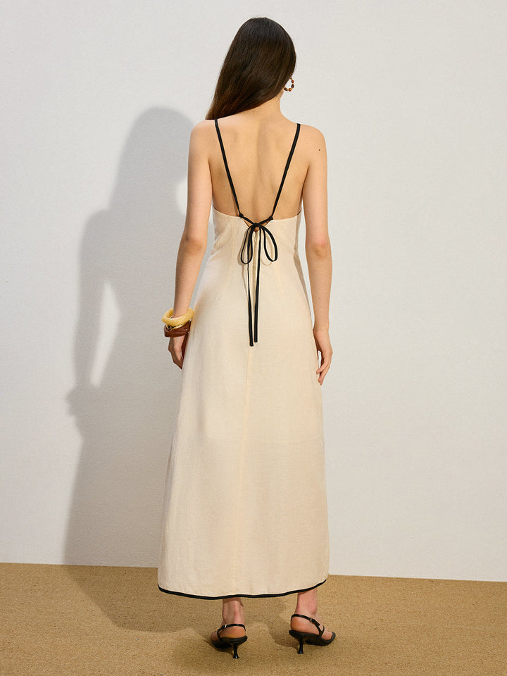 Bağcıklı Kemer Keten Ve Pamuklu Uzun Elbise
