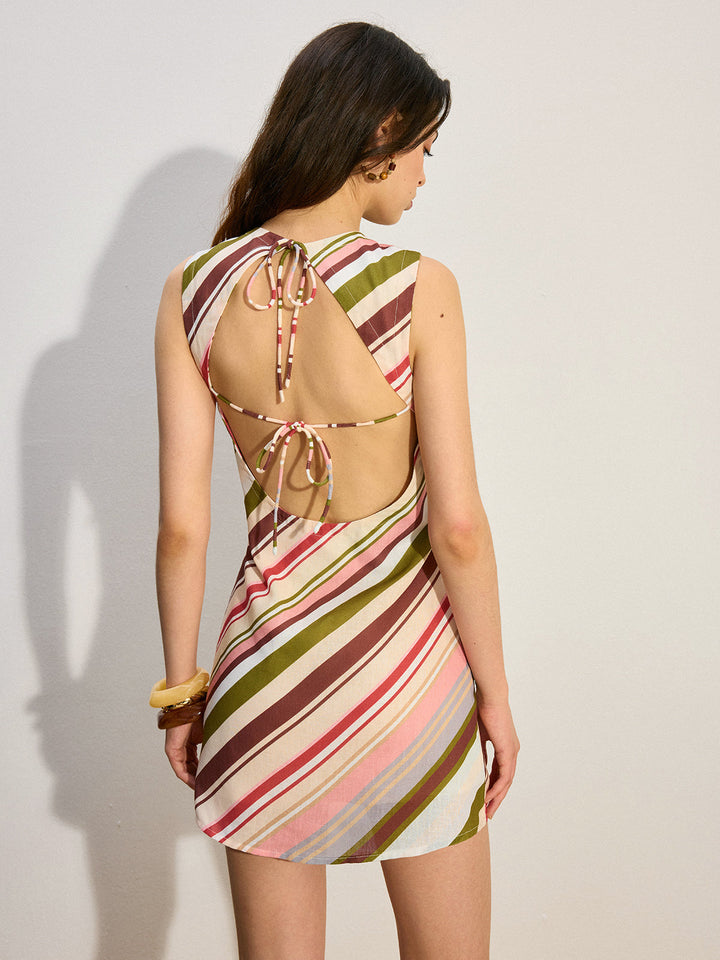 Çizgili Açık Sırtlı Bağcıklı Elbise