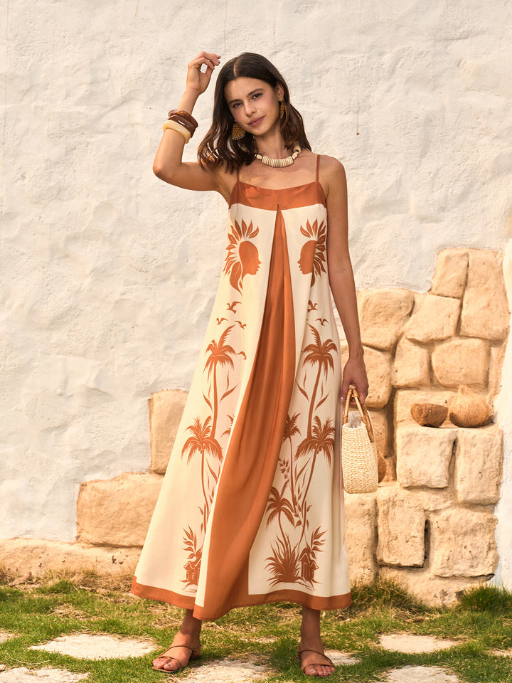 Kontrast Panel Boho Desenli Askılı Elbise