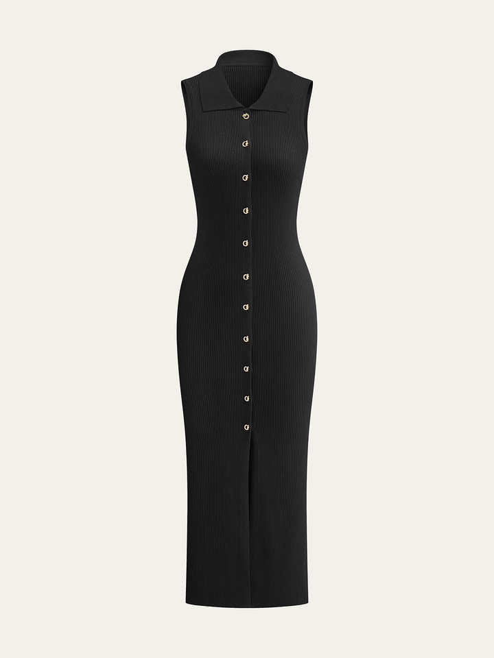 Kaburga Örgü Düğmeli Midi Elbise
