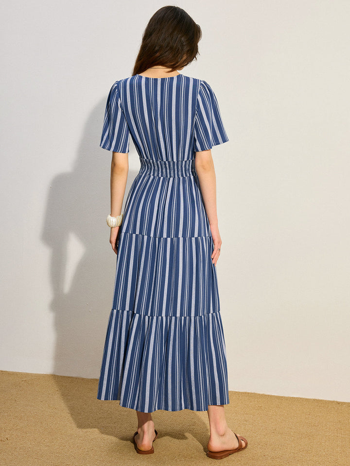 Çizgili Büzgülü Bel Katmanlı Uzun Elbise