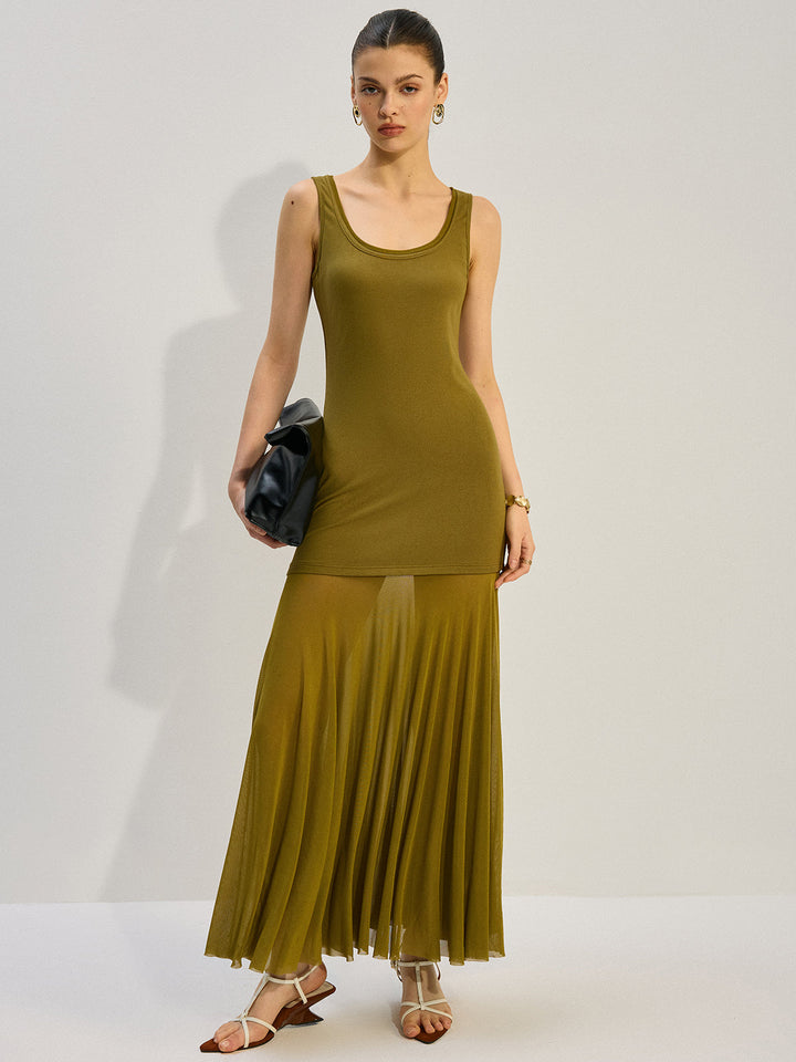 Kolsuz Şeffaf Panelli Uzun Elbise