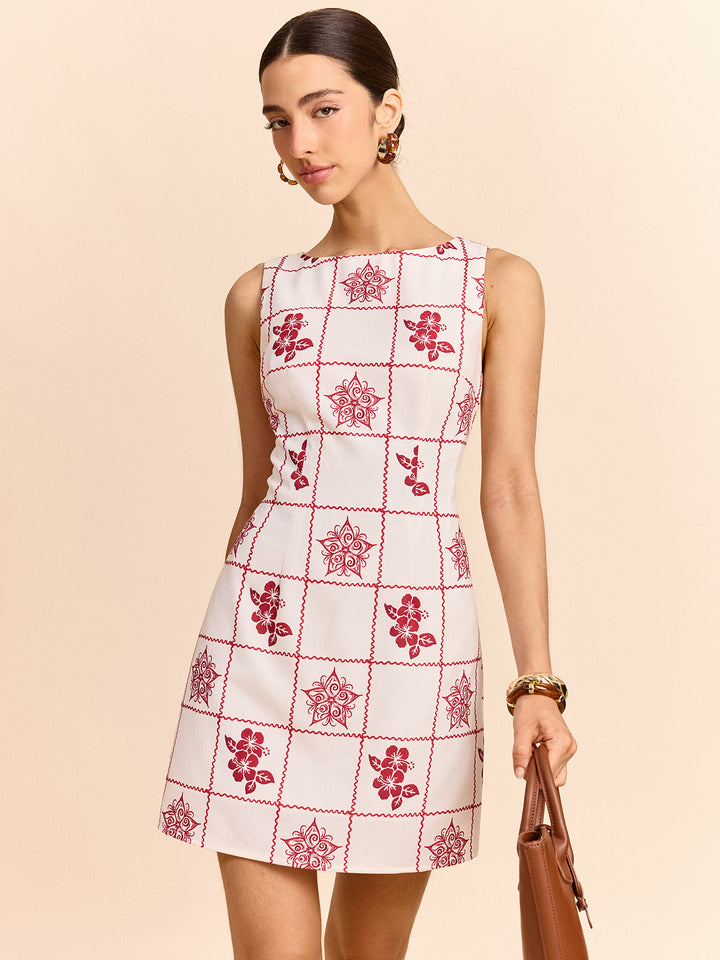 Grid Ve Çiçek Desenli Mini Elbise