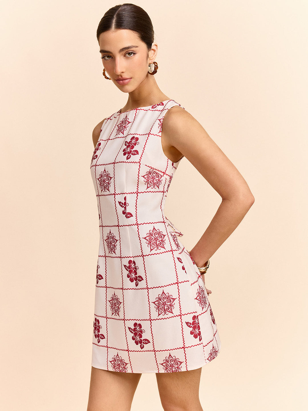 Grid Ve Çiçek Desenli Mini Elbise