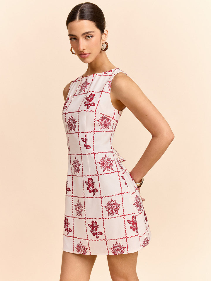 Grid Ve Çiçek Desenli Mini Elbise