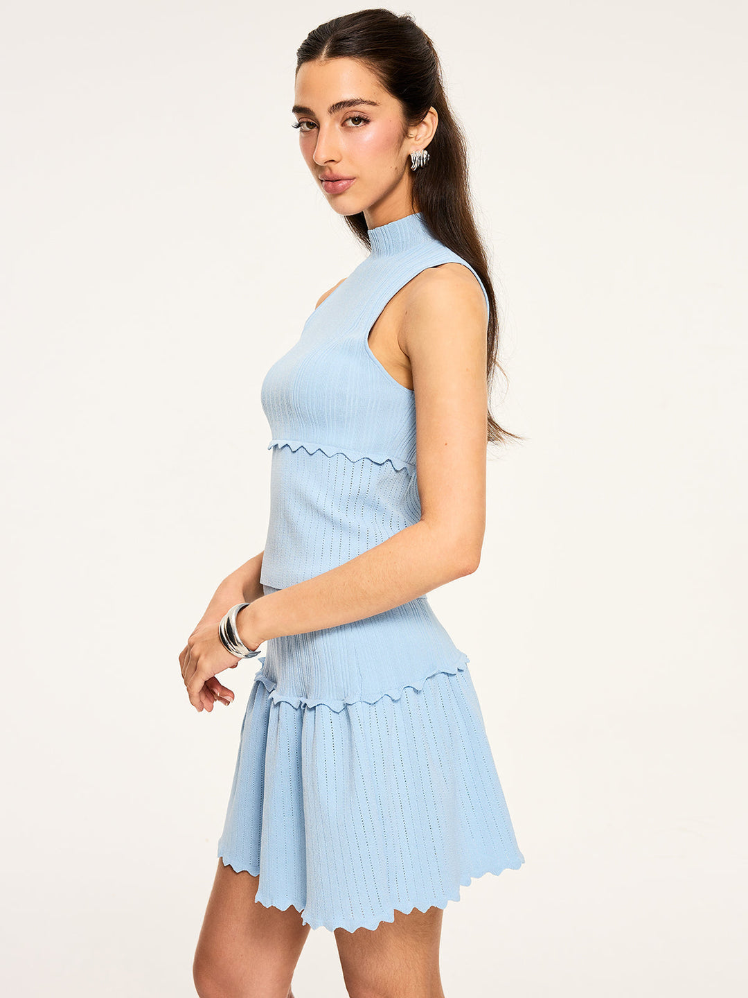 Dokulu Dalgalı Etek Örme Etek Takımı