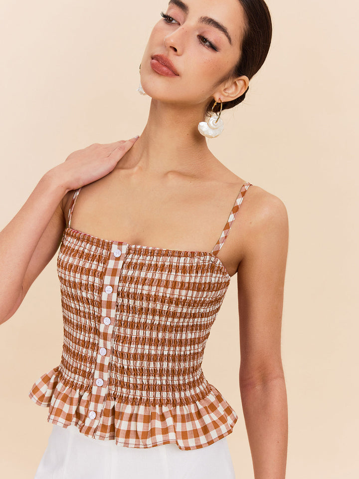 Gingham Smokinli Peplum Atlet Üst