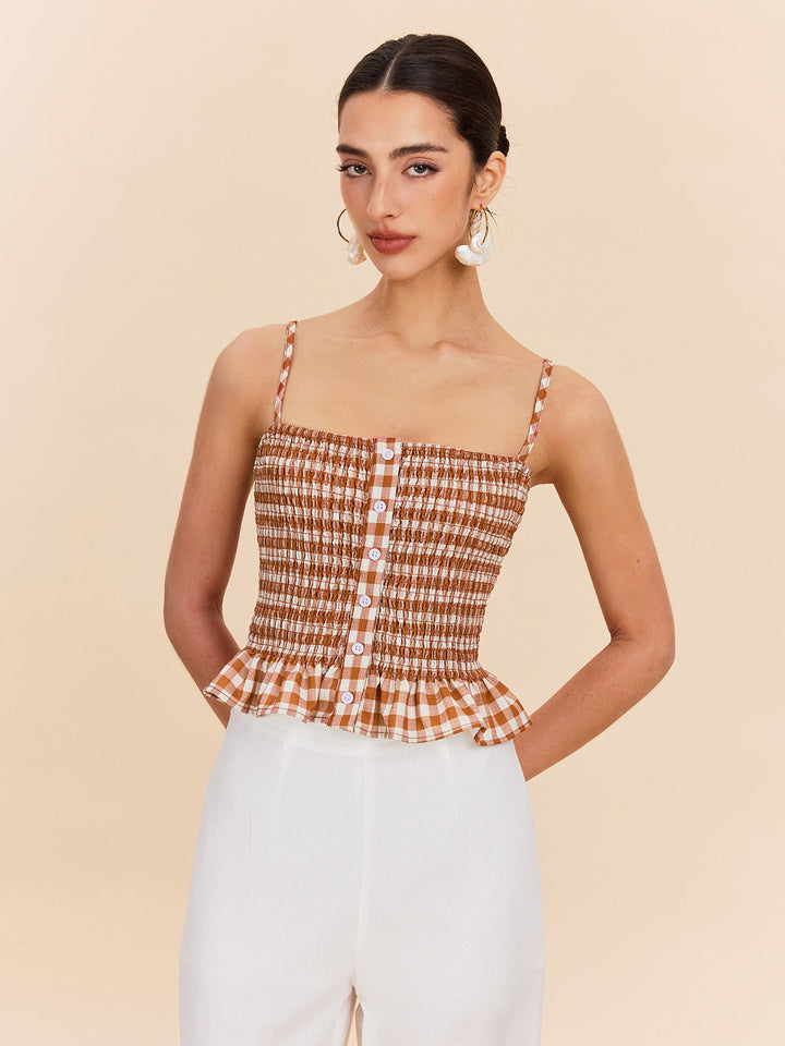 Gingham Smokinli Peplum Atlet Üst