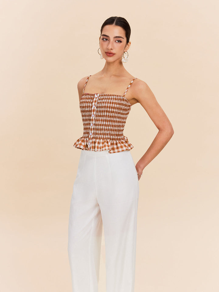 Gingham Smokinli Peplum Atlet Üst