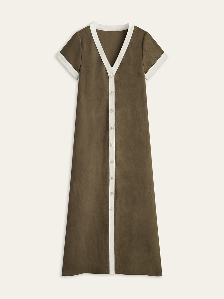 Pamuk Ve Keten Yüksek Yırtmaçlı Kontrast Kesim Elbise