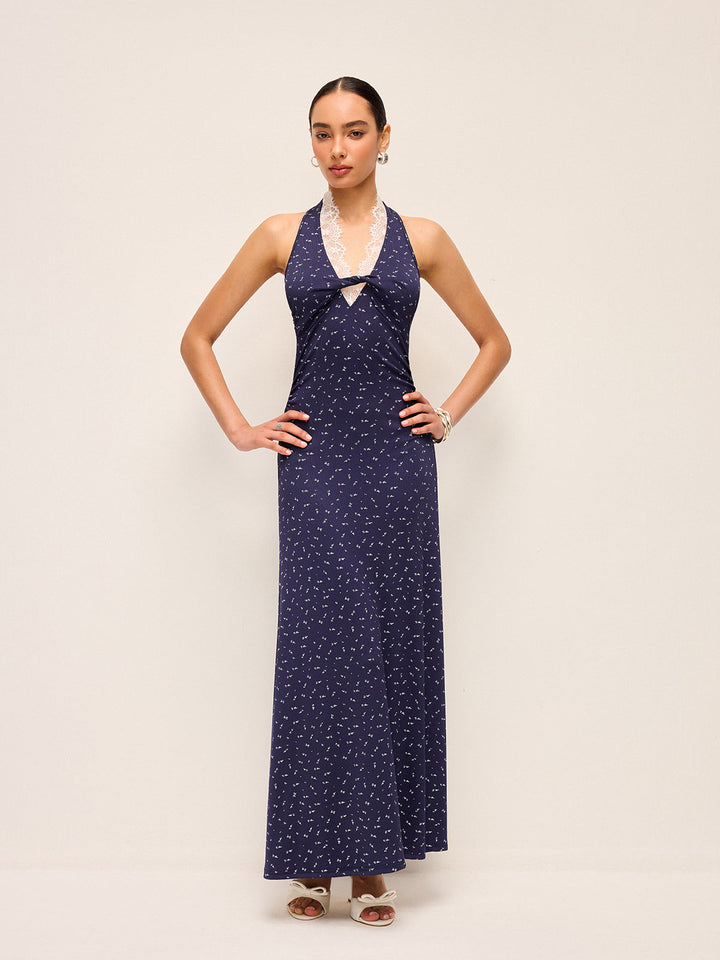 Dantel Kenarlı Askılı Baskılı Elbise