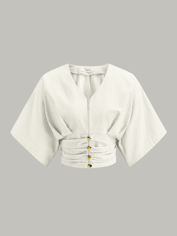 Pamuk Ve Keten Kimono Kol Düğmeli Üst