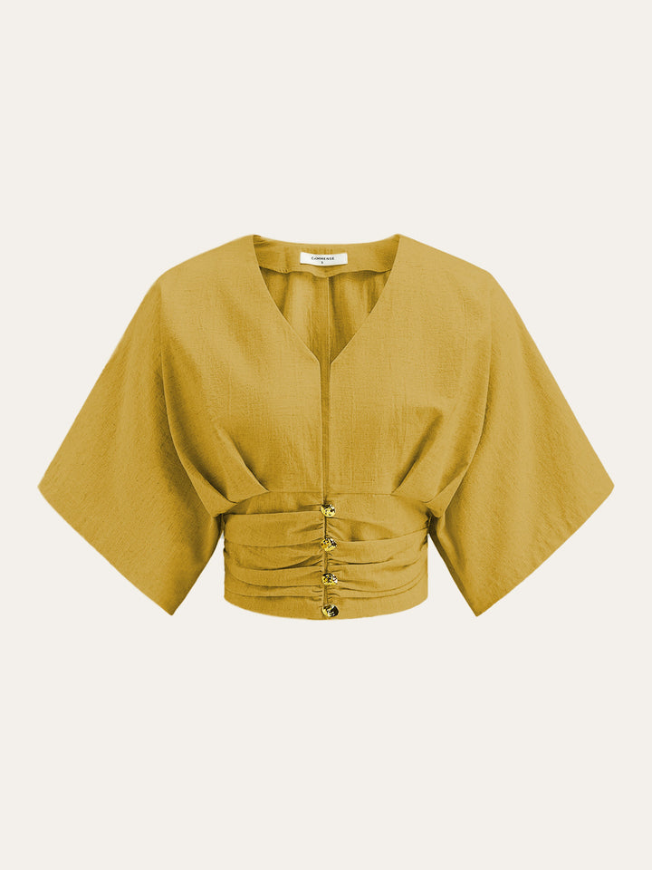 Pamuk Ve Keten Kimono Kol Düğmeli Üst