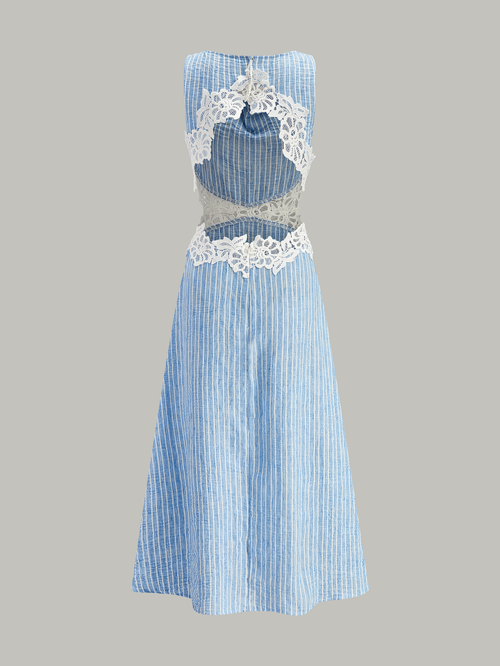 Dantel Detaylı Çizgili Açık Sırtlı Elbise