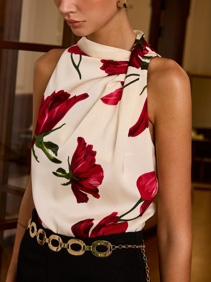 Düğüm Detaylı Çiçek Desenli Kolsuz Bluz