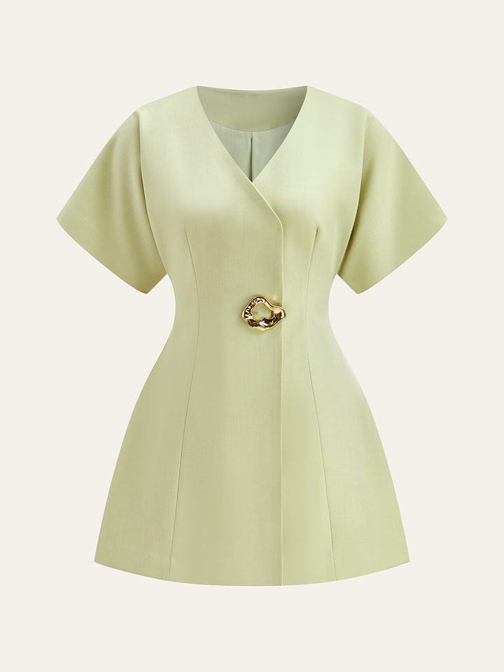 Kısa Kollu V Yaka Düğmeli Mini Elbise