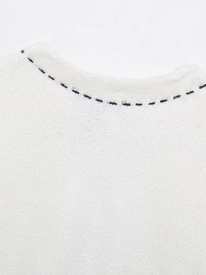 Kontrast Dikişli Kısa Kollu Kırpılmış Hırka