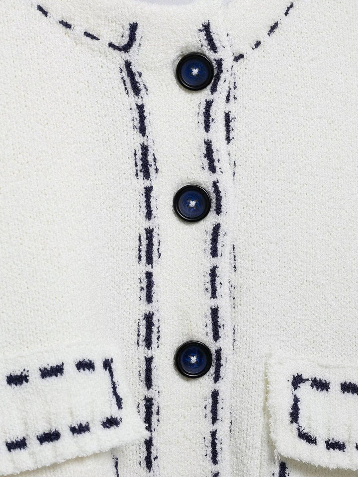 Kontrast Dikişli Kısa Kollu Kırpılmış Hırka