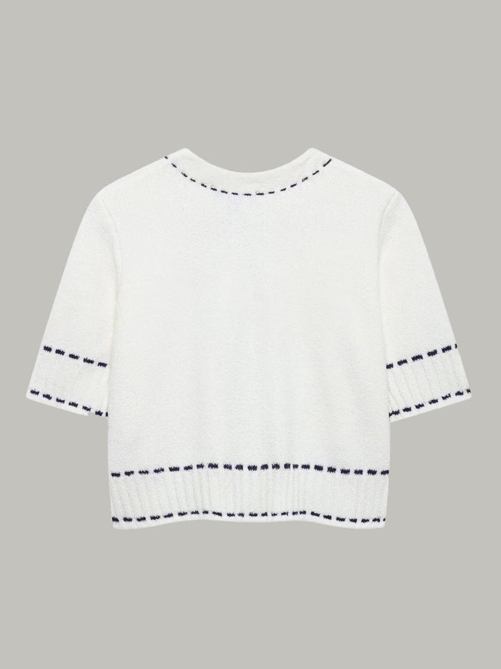 Kontrast Dikişli Kısa Kollu Kırpılmış Hırka