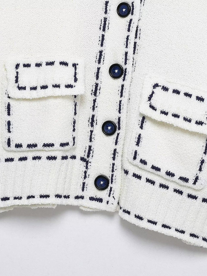 Kontrast Dikişli Kısa Kollu Kırpılmış Hırka